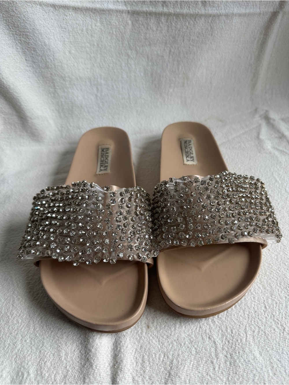 Badgley Mischka Beige Crystal-Embellished Slide Mules